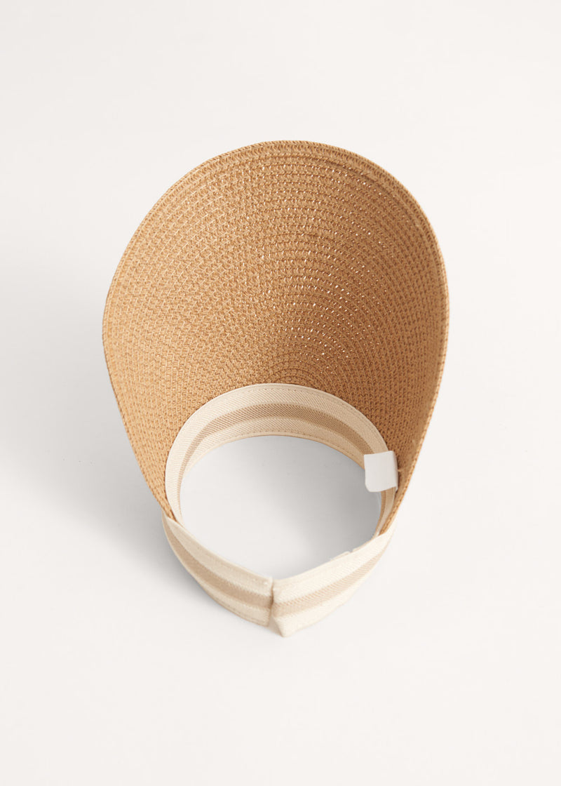 Light brown raffia visor with stripe headband