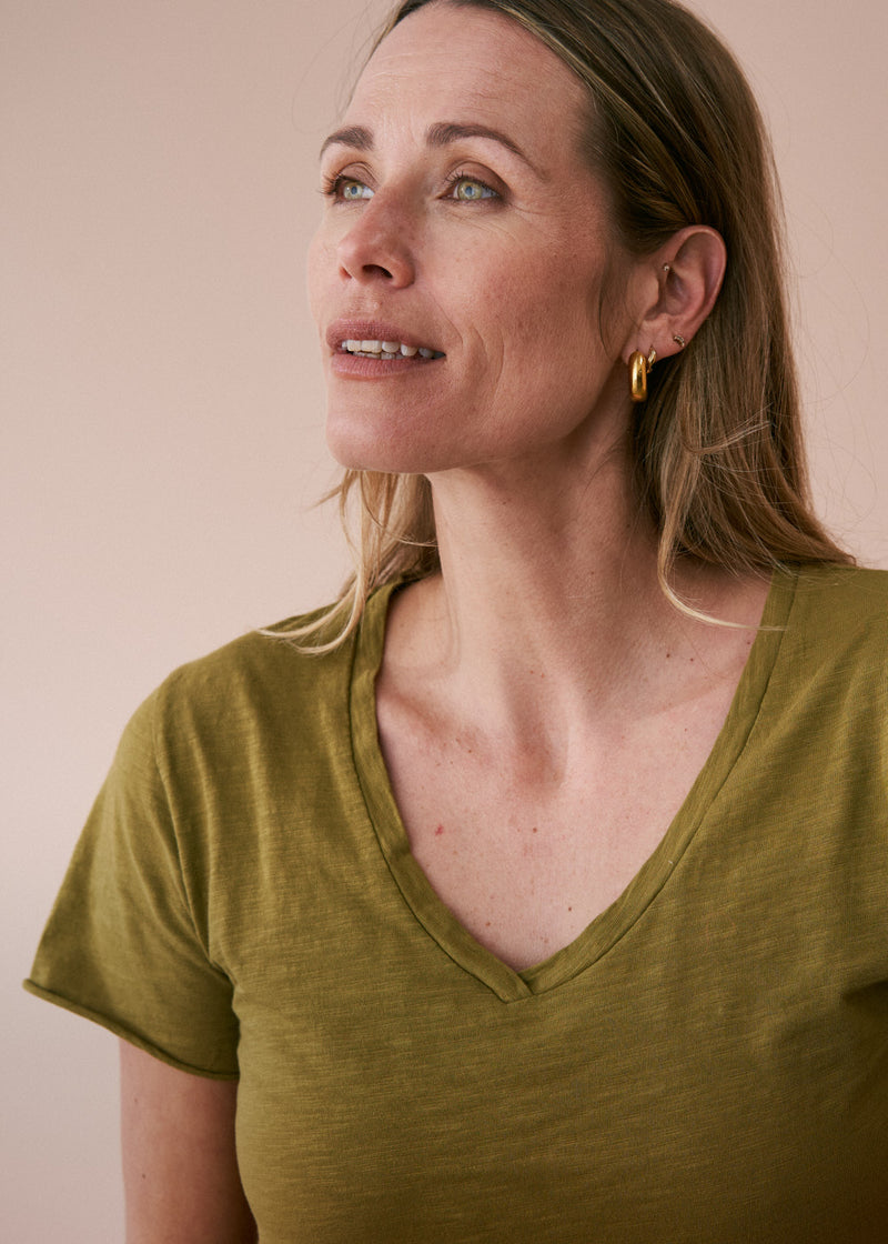 Olive green v-neck cotton t-shirt