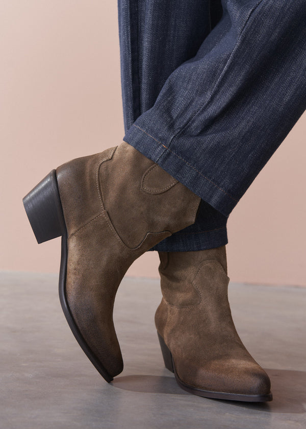 Brown suede ankle boots worn with blue jeans on a neutral background