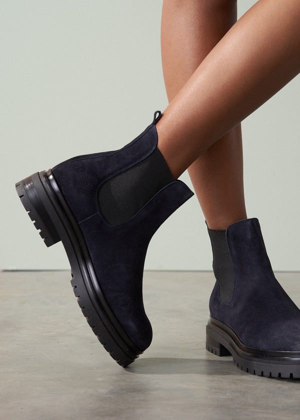 Dark blue chunky suede short boots