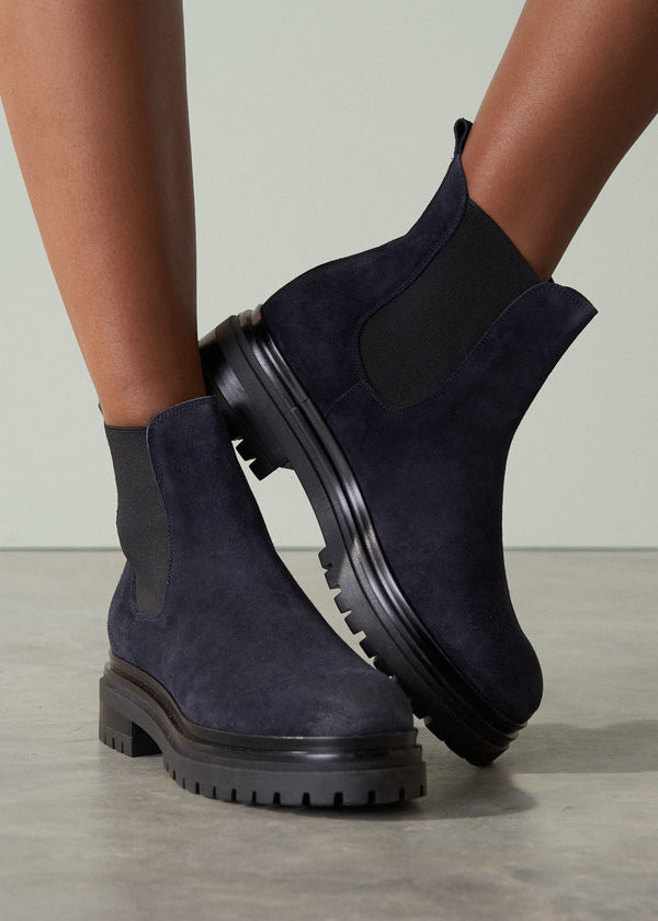 Dark blue chunky suede short boots
