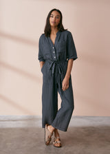 Grey-blue light linen jumpsuit with waist tie