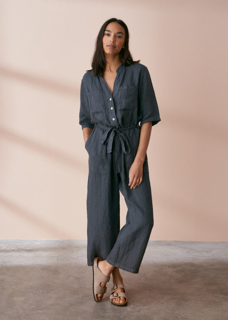Grey-blue light linen jumpsuit with waist tie