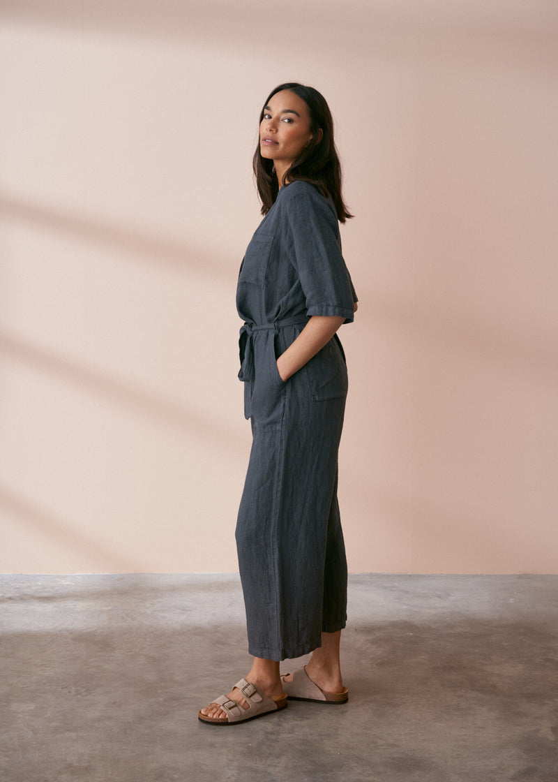 Grey-blue light linen jumpsuit with waist tie