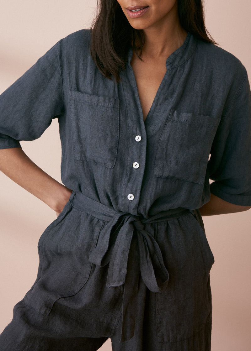 Grey-blue light linen jumpsuit with waist tie