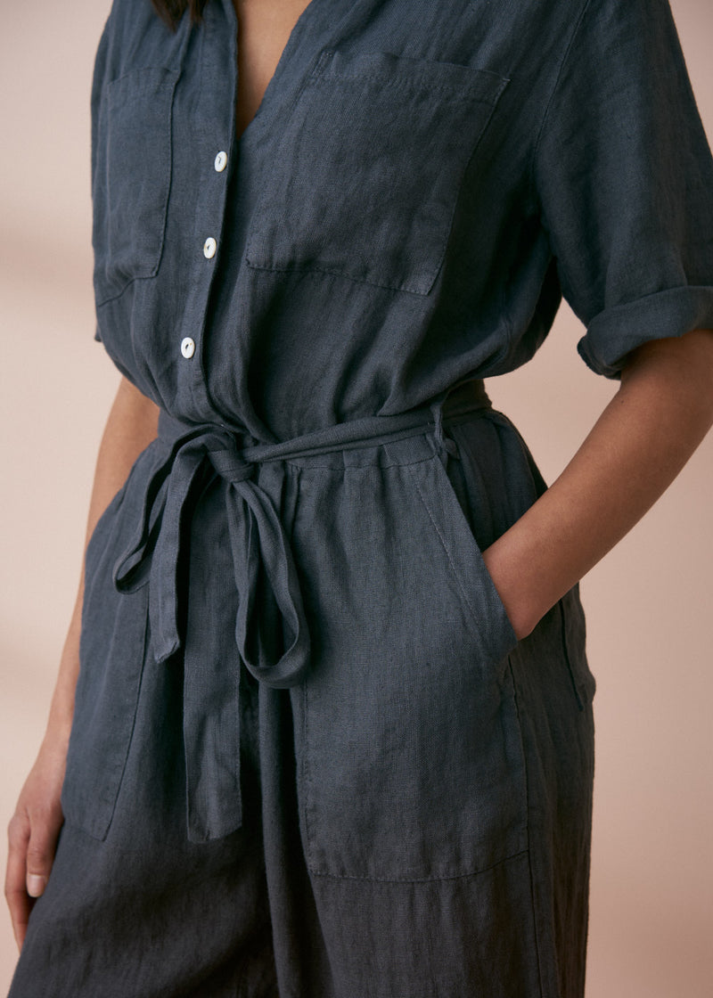 Grey-blue light linen jumpsuit with waist tie