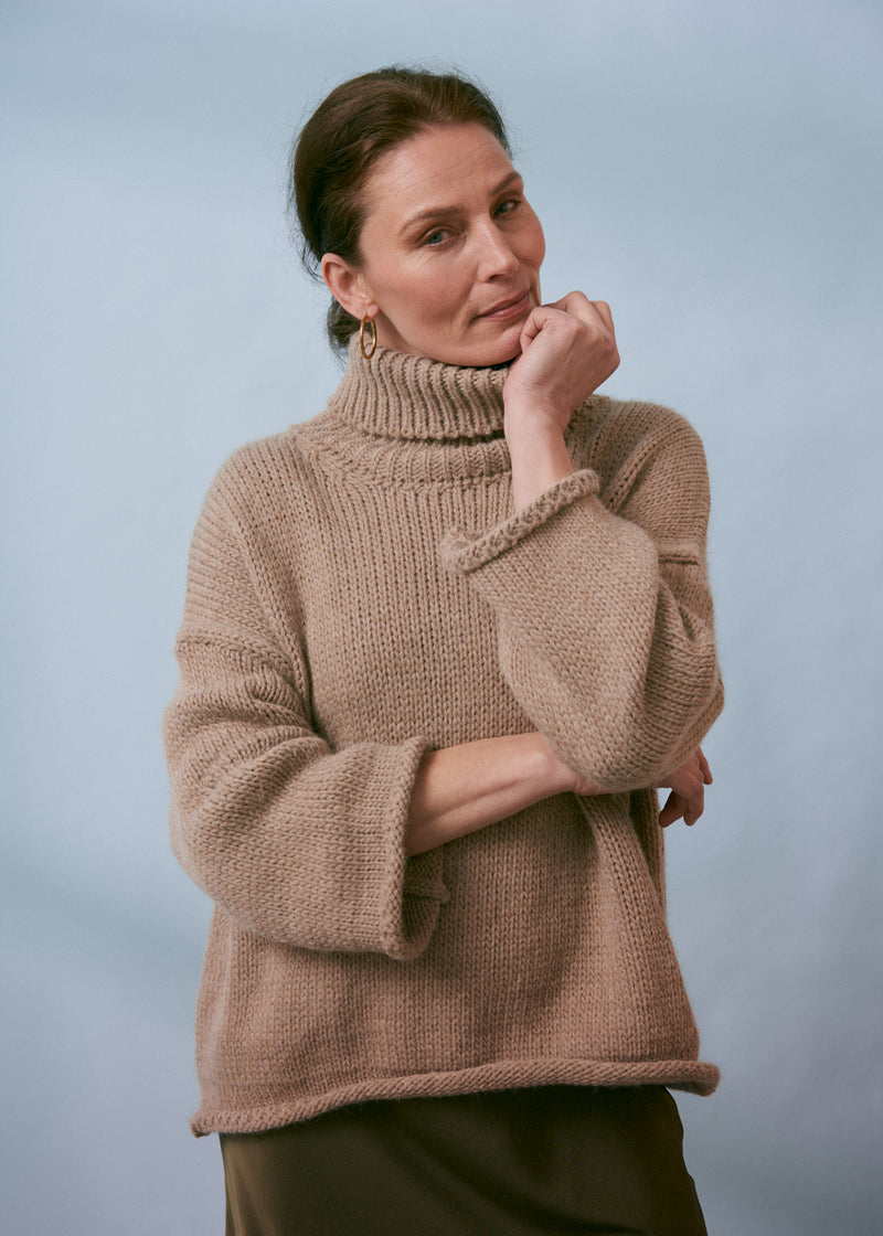 Light stone brown oversized rollneck jumper