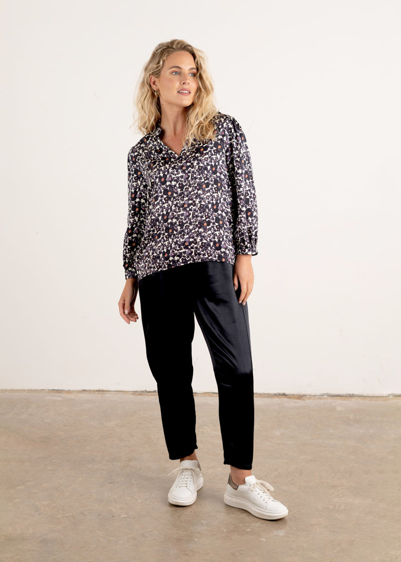 Indigo floral satin blouse