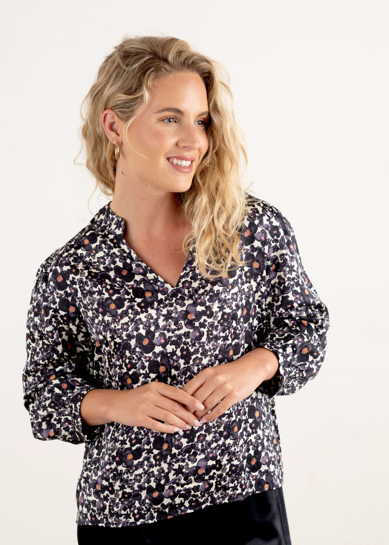 Indigo floral satin blouse