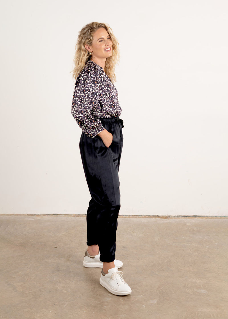 Indigo floral satin blouse