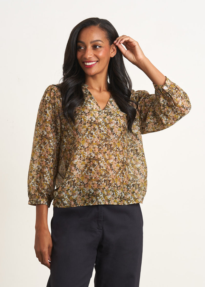 Olive green floral blouse