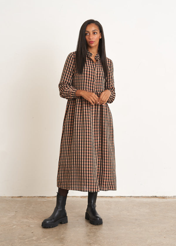 Rosegold and black checked midi dress