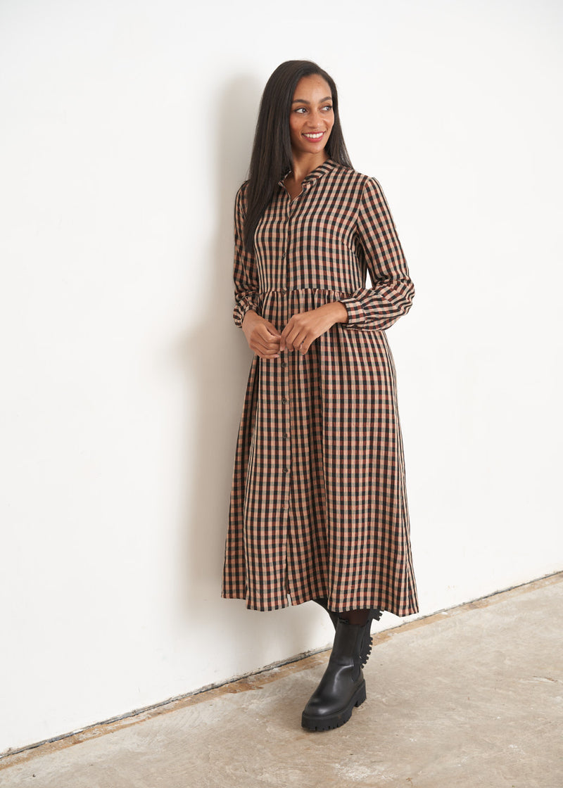 Rosegold and black checked midi dress
