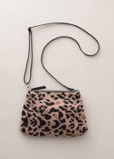 Leopard print beaded clutch bag with detachable leather strap