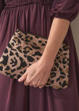 Leopard print beaded clutch bag with detachable leather strap