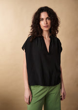 Black lightweight semi-sheer short sleeve top