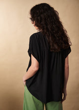 Black lightweight semi-sheer short sleeve top
