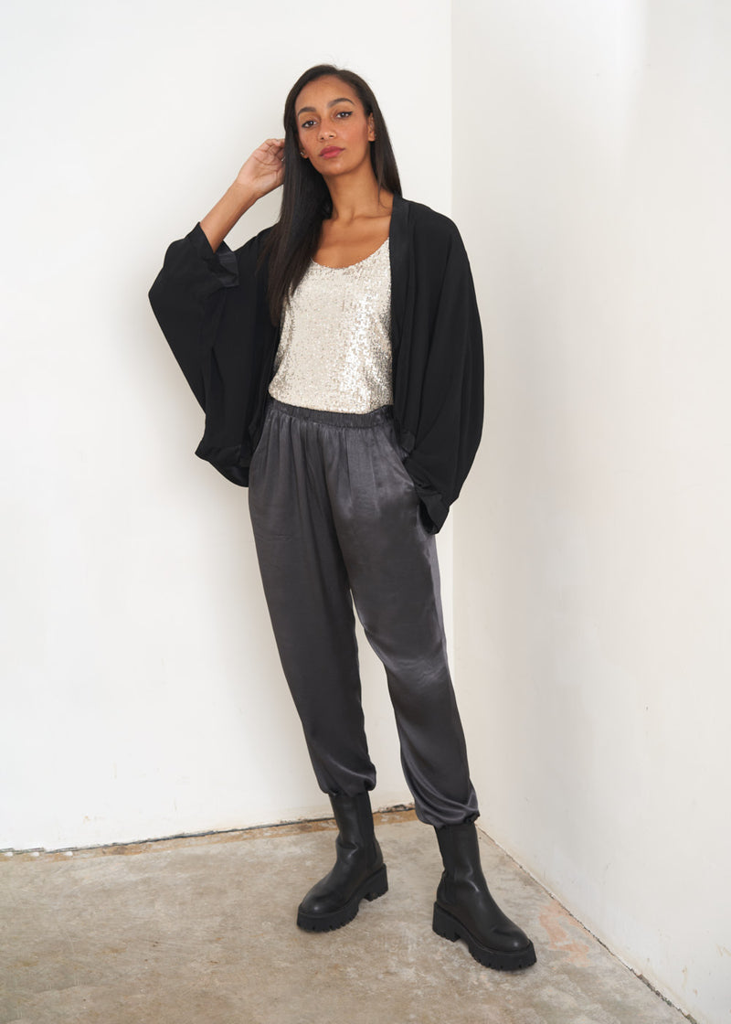 Black satin short kimono