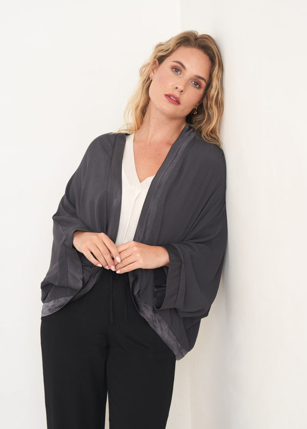Dark grey satin trim kimono jacket