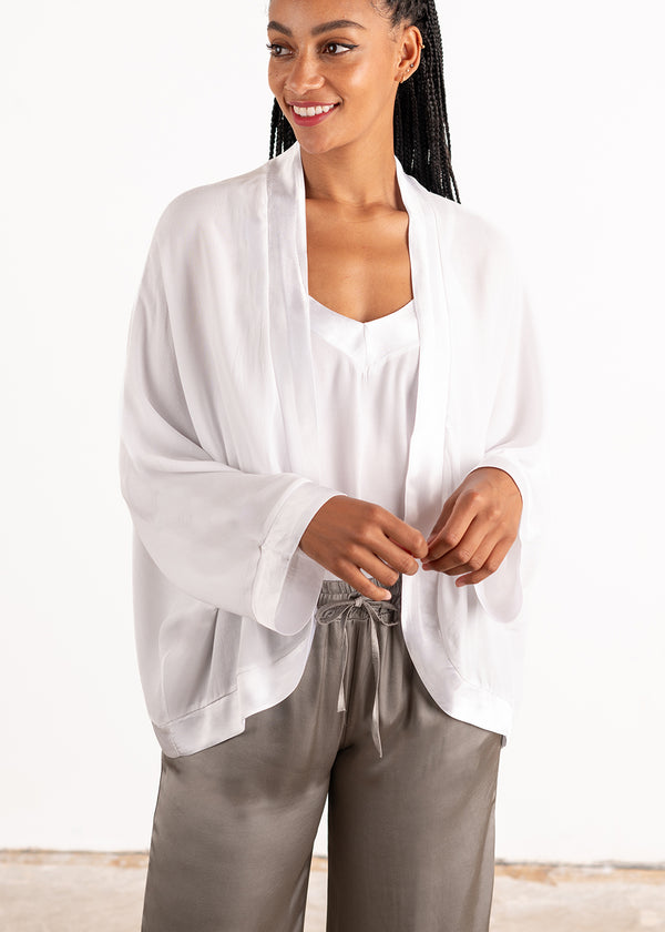 White satin trim kimono jacket