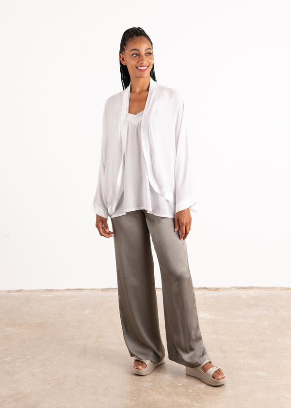 White satin trim kimono jacket