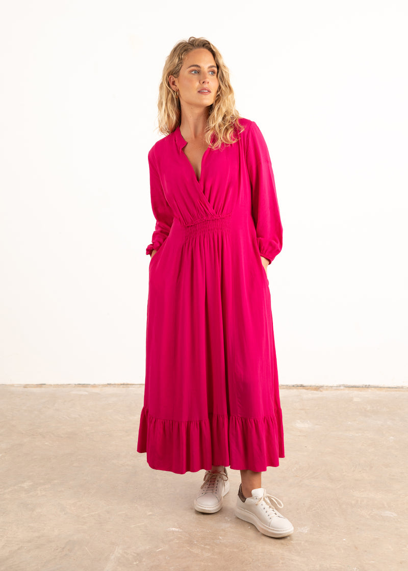 Bright pink v-neck midi dress