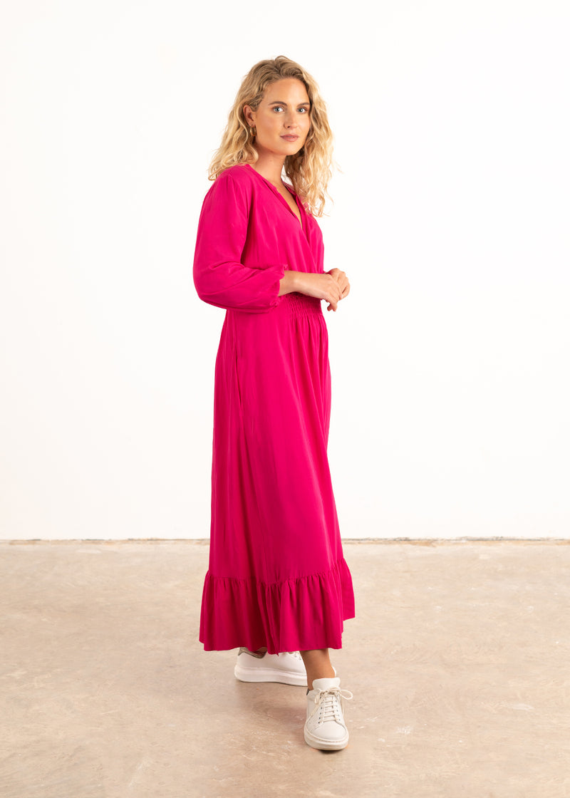 Bright pink v-neck midi dress
