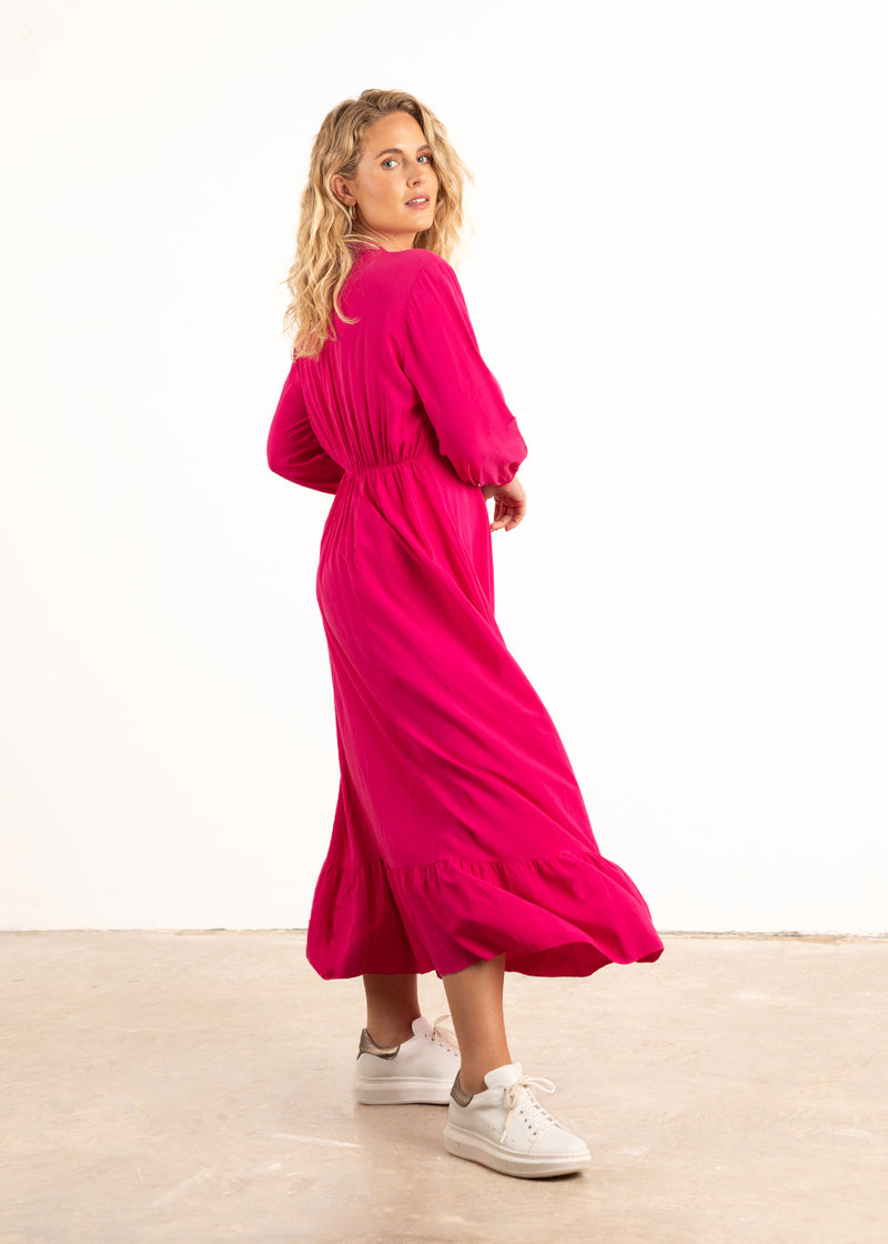 Bright pink v-neck midi dress