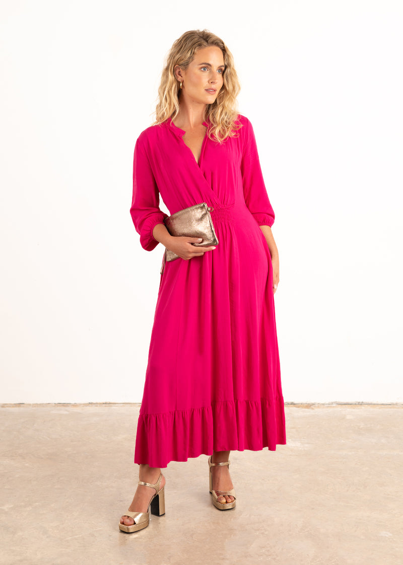 Bright pink v-neck midi dress