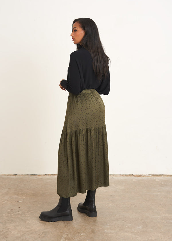 Khaki green polka dot tiered skirt