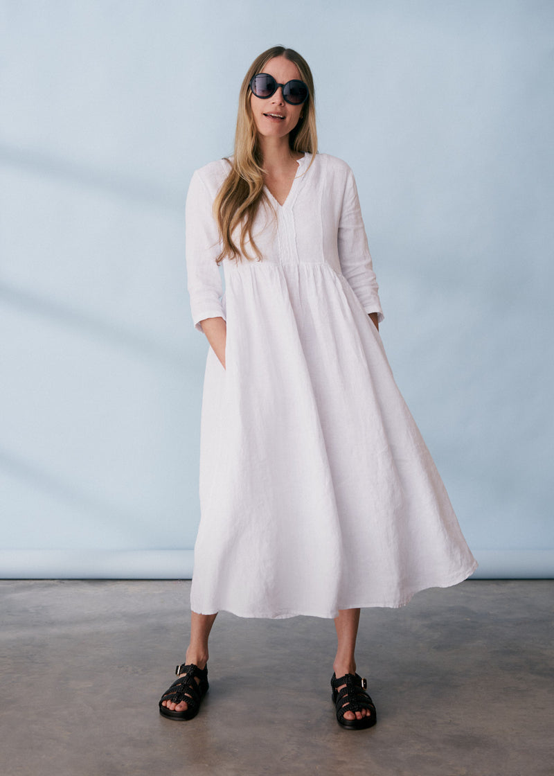 White linen midi dress