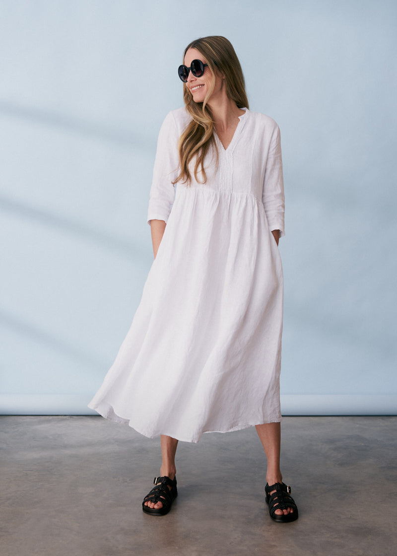 White linen midi dress