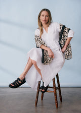 White linen midiLeopard print wrap scarf dress