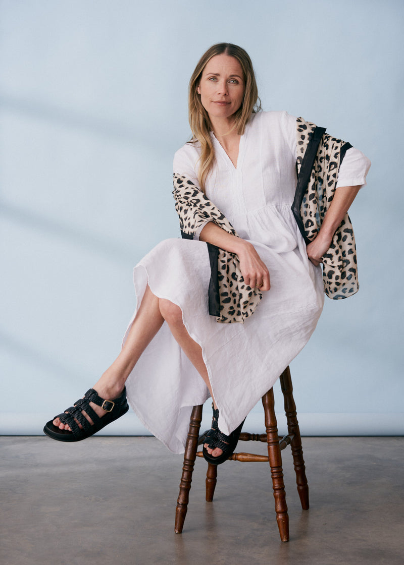White linen midiLeopard print wrap scarf dress