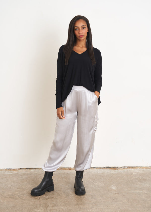 Silver satin cargo trousers