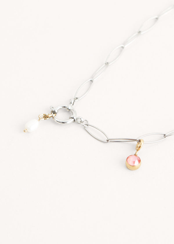 Silver charm necklace with pearl