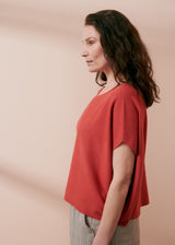 Terracotta red short sleeve fine knit sweater