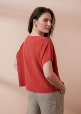 Terracotta red short sleeve fine knit sweater