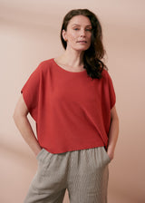 Terracotta red short sleeve fine knit sweater