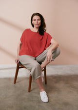 Terracotta red short sleeve fine knit sweater
