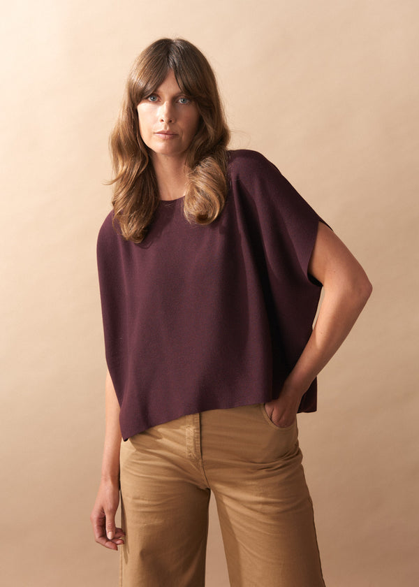 Woman wearing a burgundy knit top and camel wide leg trousers against a beige background