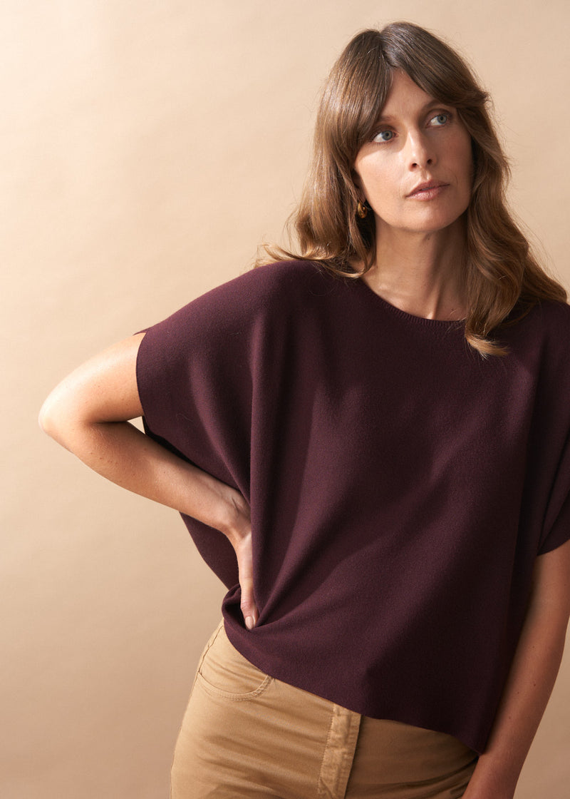 Woman wearing a burgundy knit top and camel wide leg trousers against a beige background