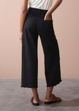 Black wide leg raw hem cotton trousers