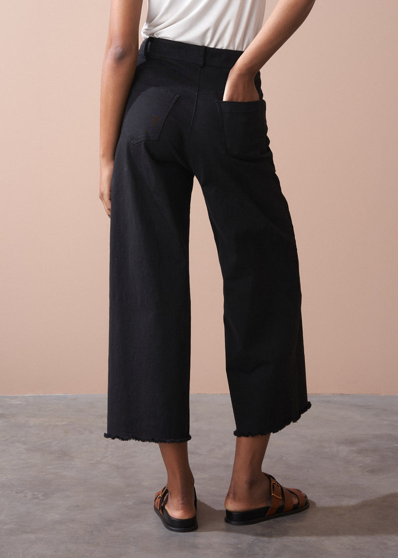 Black wide leg raw hem cotton trousers