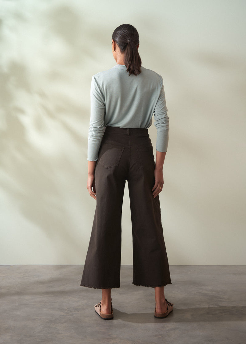 Person wearing a light blue top and brown wide-leg cropped trousers  against a neutral background