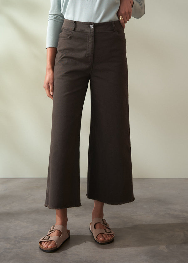 Person wearing brown wide-leg cropped trousers and sandals on a plain background