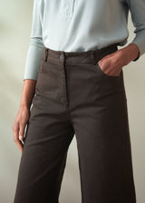 Person wearing brown cropped trousers  and a light blue shirt against a neutral background