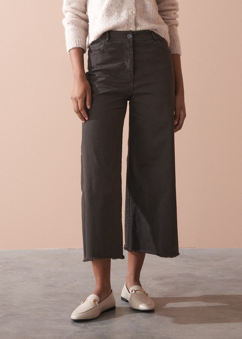 Person wearing dark brown wide-leg trousers and a beige cardigan against a plain background