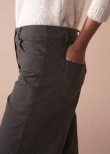 Person wearing dark brown wide-leg trousers and a beige cardigan against a plain background