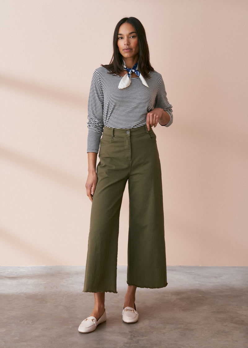 Khaki green cropped wide leg trousers